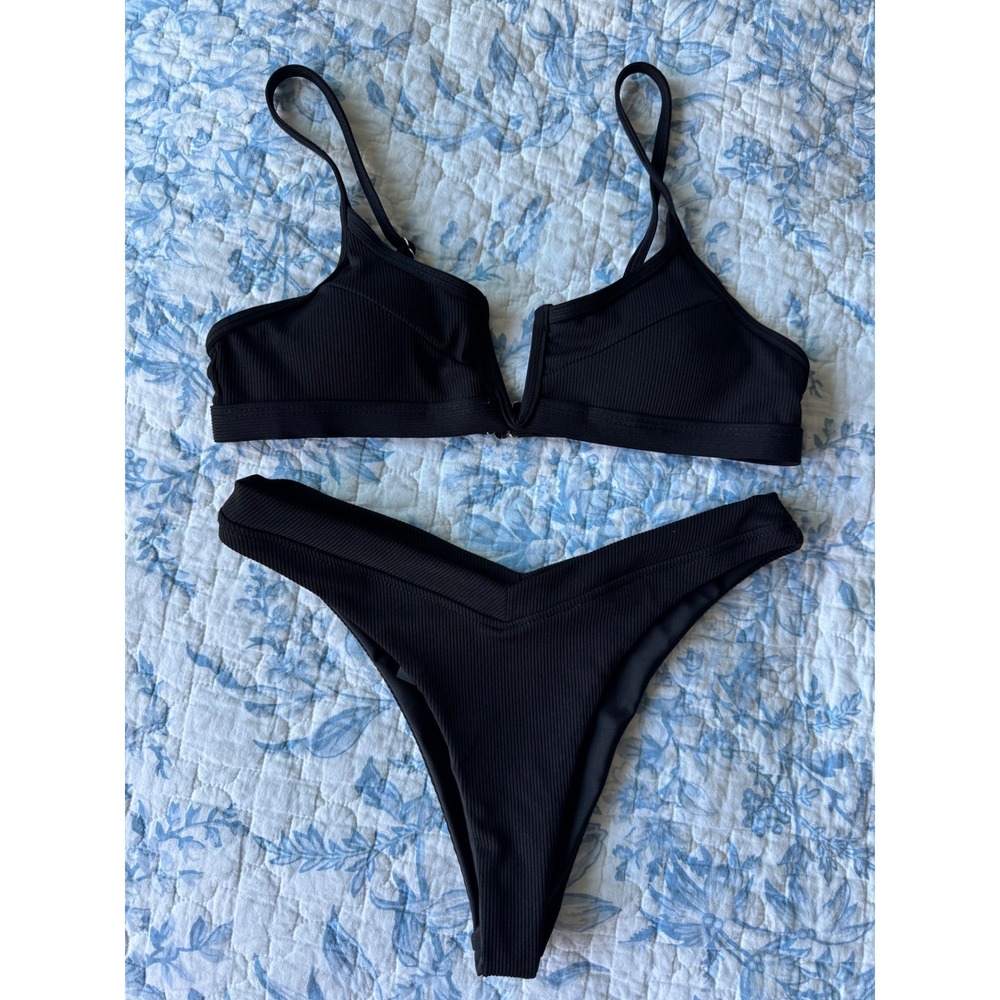 NWOT‎ Black Ribbed V-Wire Bikini Set High Cut Two Piece Swimsuit Medium